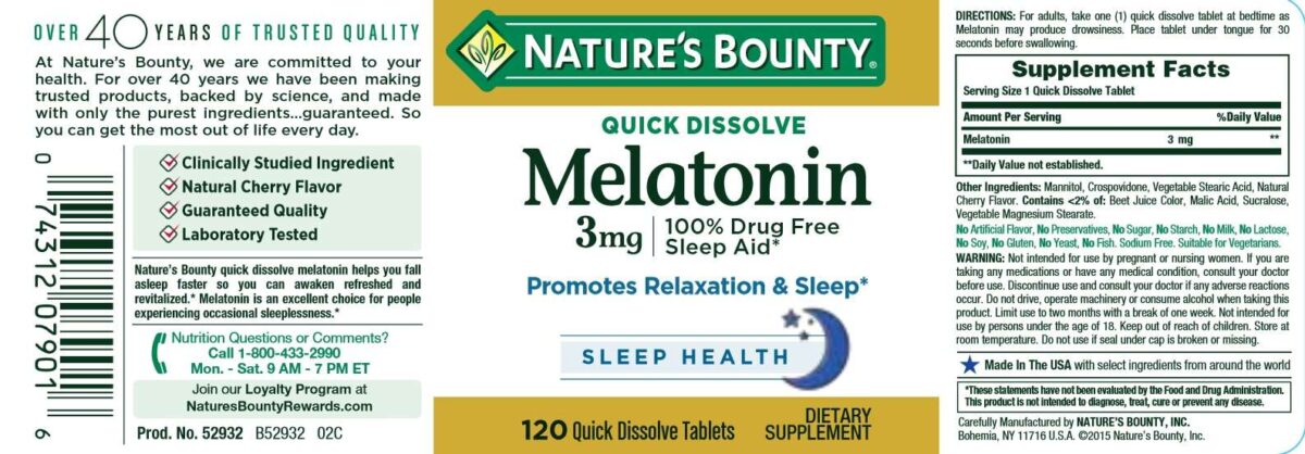 Nature’s Bounty Melatonin 3mg 120 Tablets. - Image 2